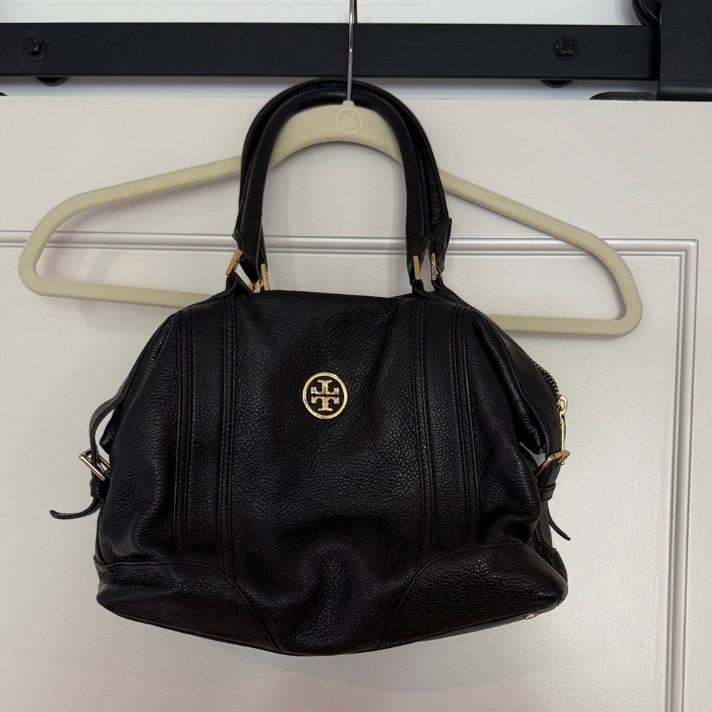 Tory Burch Black Leather Satchel with Gold Logo
